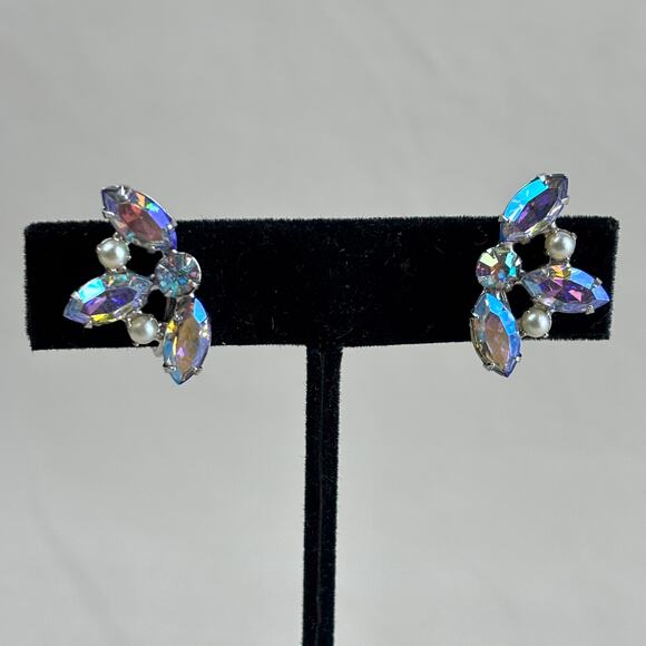 B. David Aurora Borealis Marquis Rhinestone Screw Back Clip On Vintage Earrings - Picture 2 of 12